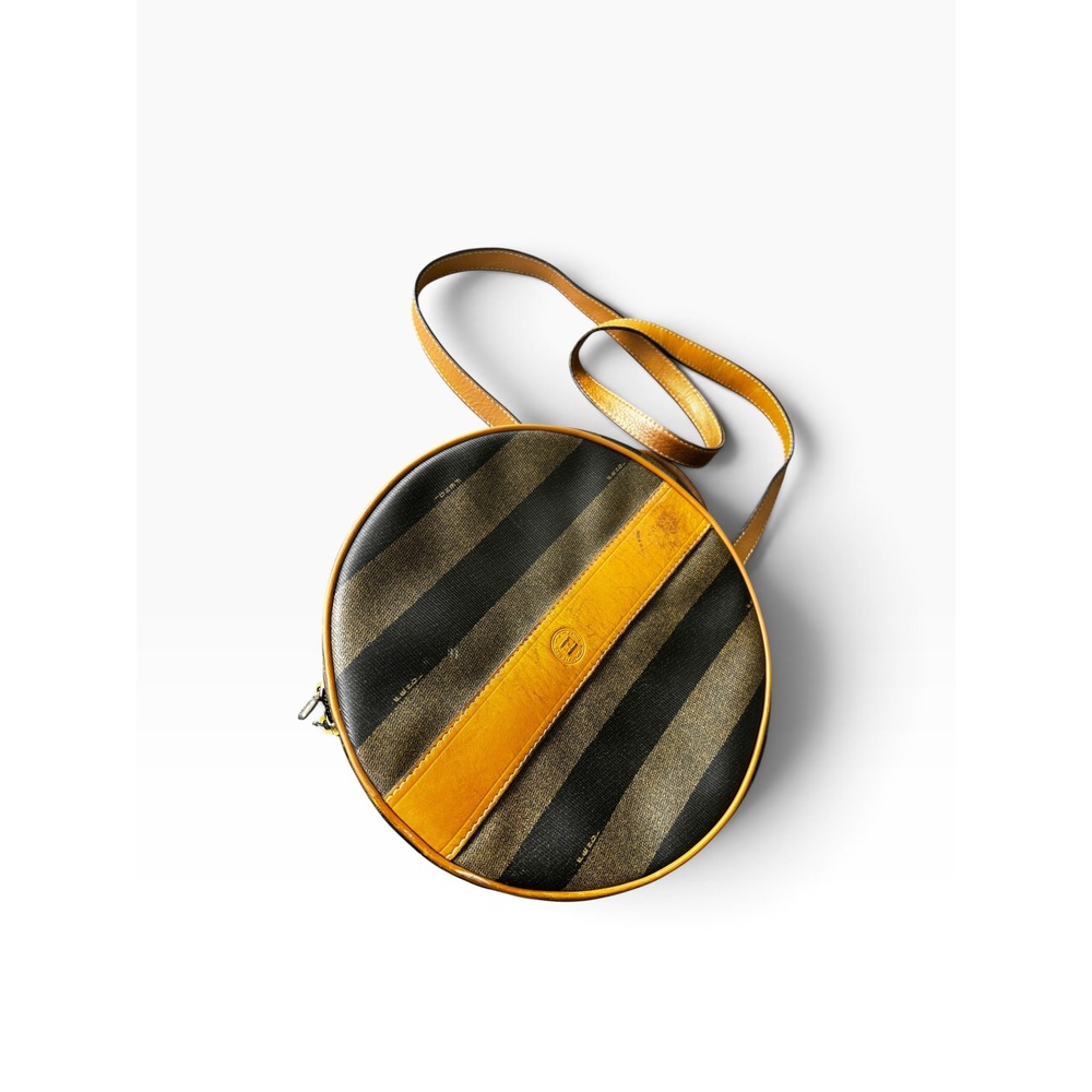 Fendi Pequin Canvas Round Hatbox Bag 10" Brown Black Vintage 80s Crossbody